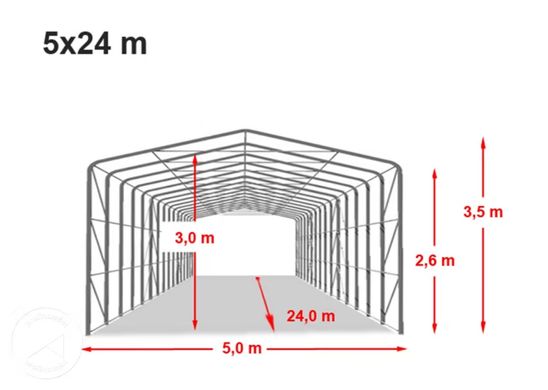 Гаражный павильон 5х24м - высота боковых стен 2,7м с воротами 4,1х2,5м, ПВХ 850, серый, установка - бетон