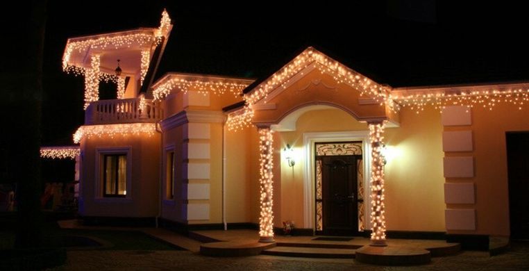 Новогодняя гирлянда Бахрома 300 LED, Белый теплый свет 14 м + Ночной датчик
