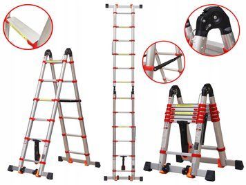 Телескопічна шарнірна драбина 3,8 м посилена KP Tools Professional, 12 сходинок, до 150 кг