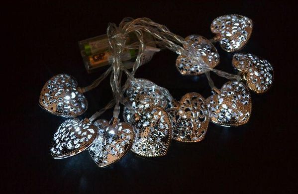Новорічна гірлянда "Серця" 10 LED, Біле холодне світло, на пальчикових батарейках