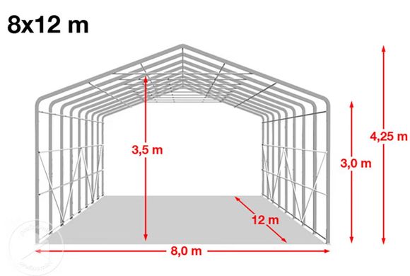 Гаражный павильон 8х12м - высота боковых стенок 3м с воротами 4х3,6м, ПВХ 850, серый, установка - бетон