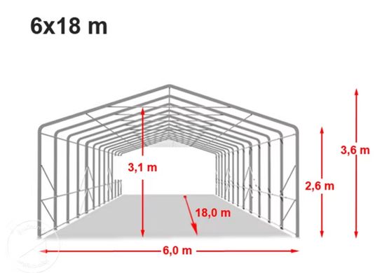Гаражный павильон 6х18м - высота боковых стен 2,7м с воротами 4,1х2,9м, ПВХ 850, темно-зеленый
