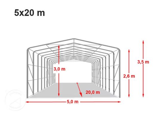 Гаражный павильон 5х20м - высота боковых стен 2,7м с воротами 4,1х2,5м, ПВХ 850, серый, установка - бетон