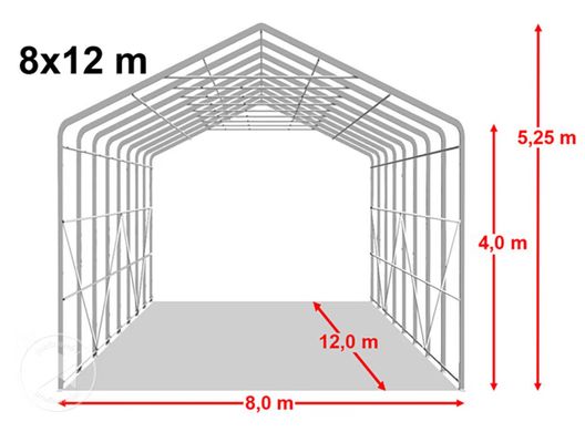 Гаражный павильон 8х12м - высота боковых стенок 4м с воротами 4х4,6м, PRIMEtex 2300, огнестойкий, серый, установка - бетон