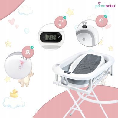 Складная детская ванночка Primabobo MILO 3 в 1 с подставкой, термометром, сливом и сиденьем, серая