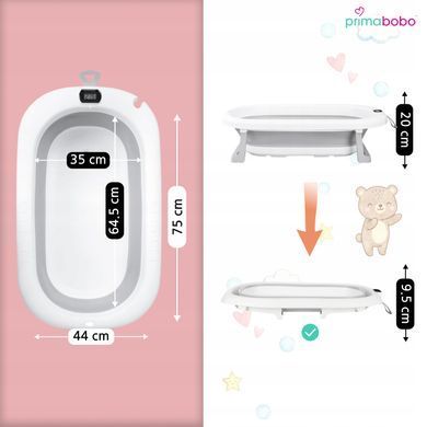 Складная детская ванночка Primabobo MILO 3 в 1 с подставкой, термометром, сливом и сиденьем, серая