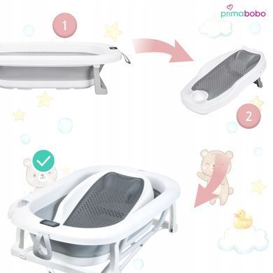 Складная детская ванночка Primabobo MILO 3 в 1 с подставкой, термометром, сливом и сиденьем, серая