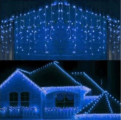 Новорічна гірлянда бахрома 14 м 300 LED (Синій з холодним білим спалахом)