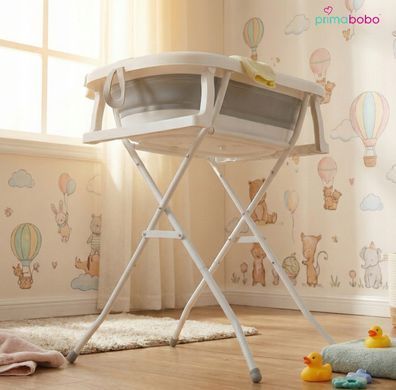 Складная детская ванночка Primabobo MILO 3 в 1 с подставкой, термометром, сливом и сиденьем, серая
