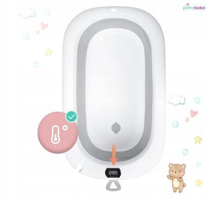 Складная детская ванночка Primabobo MILO 3 в 1 с подставкой, термометром, сливом и сиденьем, серая