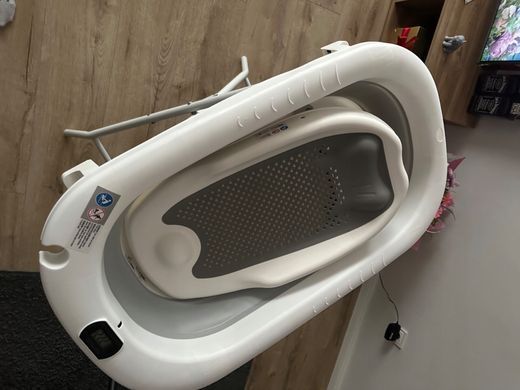 Складная детская ванночка Primabobo MILO 3 в 1 с подставкой, термометром, сливом и сиденьем, серая