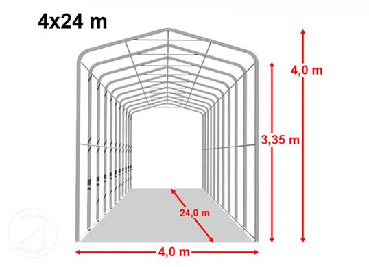 Гаражный павильон 4х24м - высота боковых стен 3,35м с воротами 3,5х3,5м, ПВХ 850, серый