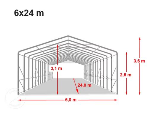 Гаражний павільйон 6х24м - висота бокових стін 2,7м з воротами 4,1х2,9м, ПВХ 850, темно-зелений, установка - бетон